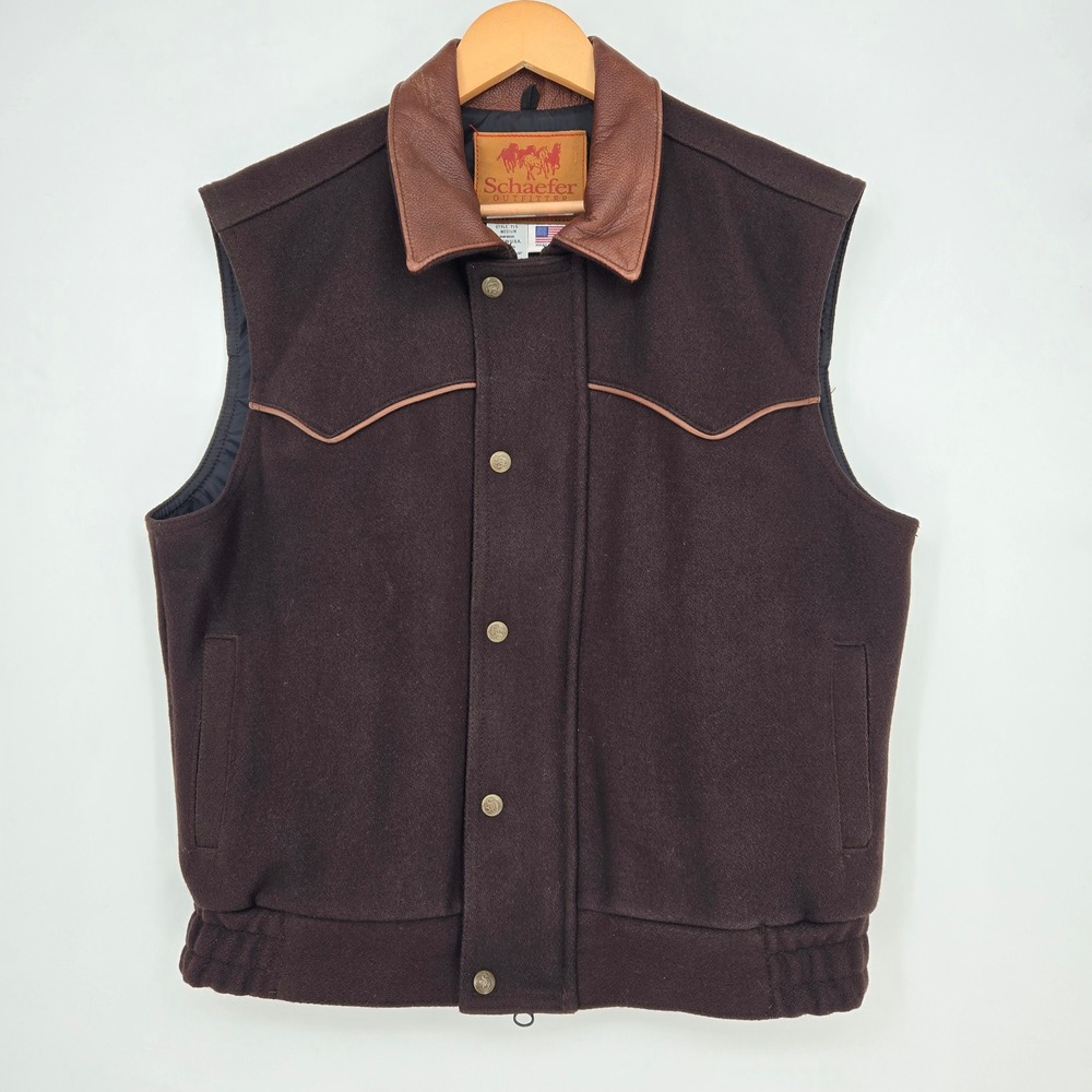 Vtg Leather/Wool Schaefer Outfitter Brown Vest Mens M USA Made Cowboy Western